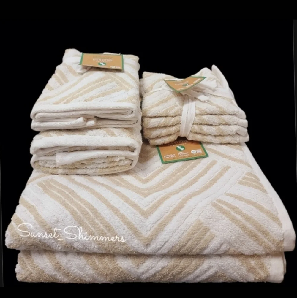 10pc Deborah Connolly Tan White Heringbone Bath Hand Tip Washcloth Towel Set NEW